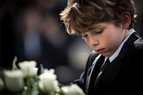 Young Child Dressed for Funeral with Flowers